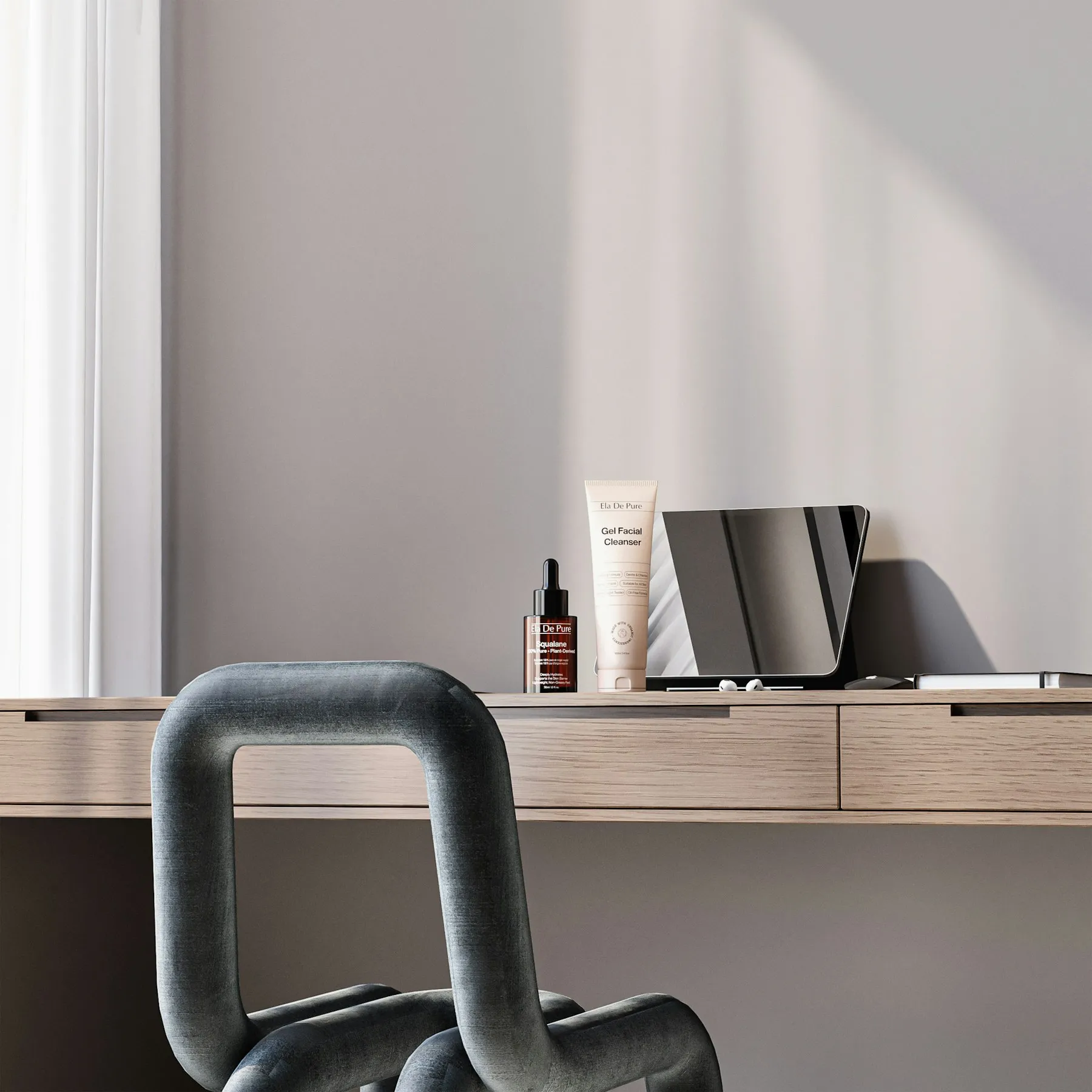 Care products on a sunlit wooden desk beside a curved chair